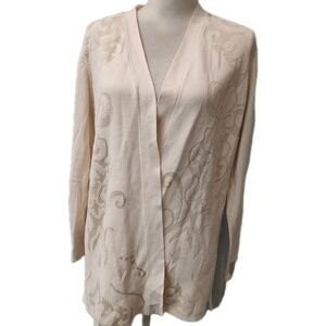 Dana Buchman Cardigan Sweater Women's XL Beige Tan Jacquard Open Long Sleeve